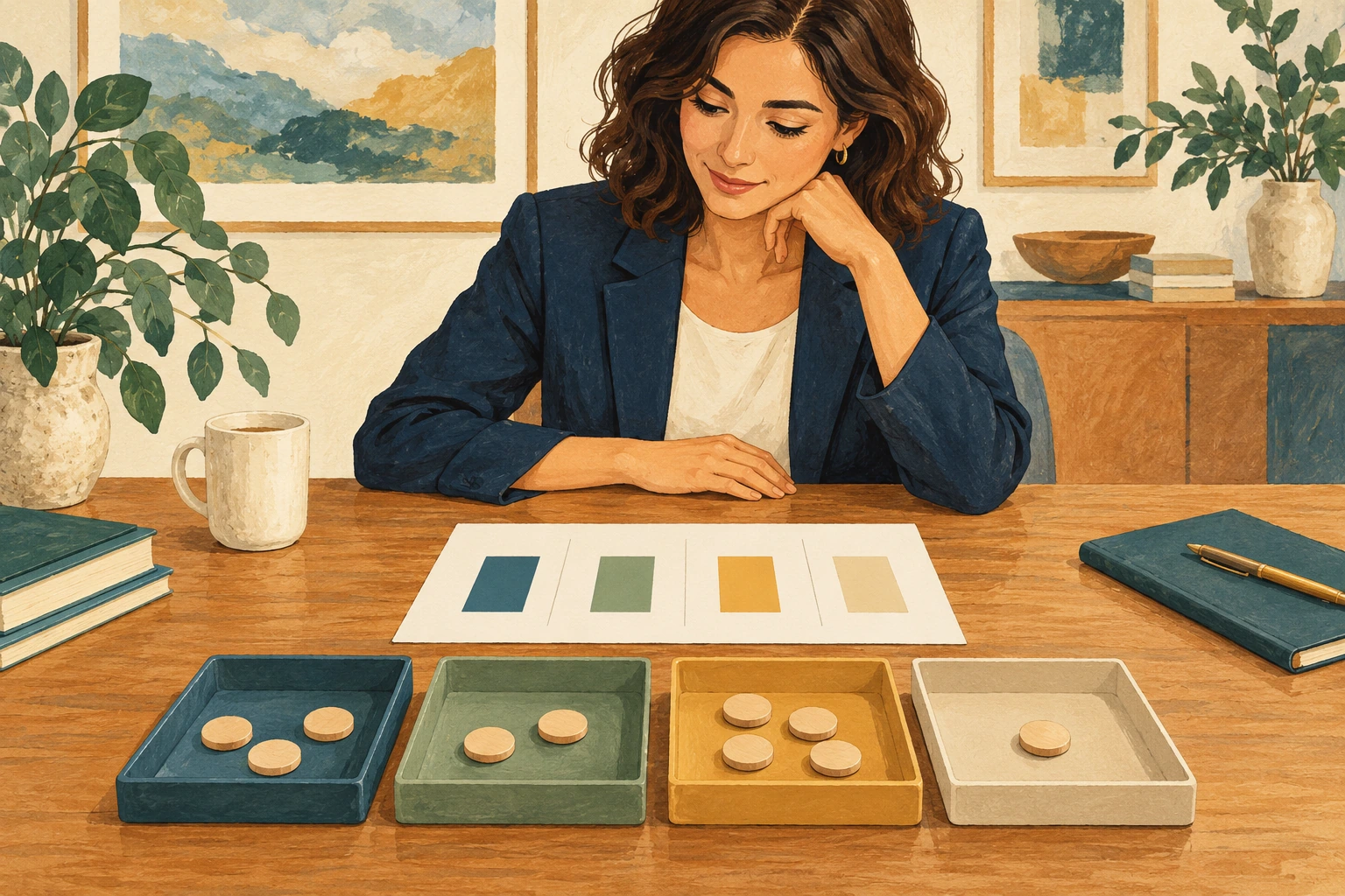 A woman studies a four-column worksheet and four trays holding wooden tokens