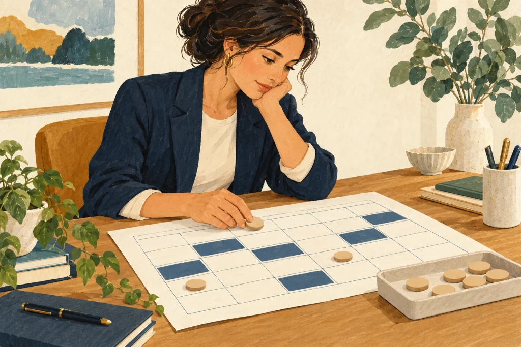 A woman places wooden tokens on a calendar with several shaded cells