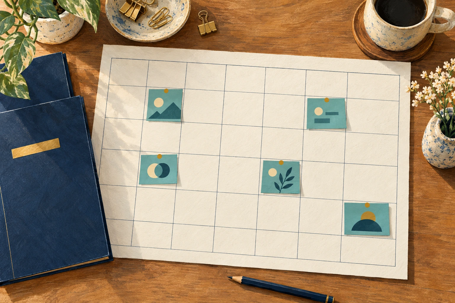 Five illustrated cards occupy cells on a large calendar beside two blue folders