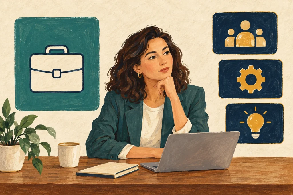 A woman sits at a laptop between a large briefcase symbol and three smaller icons of people, a gear, and a light bulb