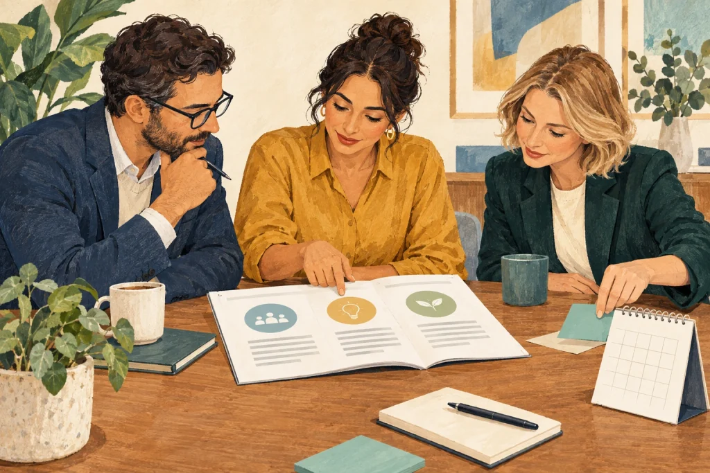 Three colleagues review an illustrated report beside a calendar and blank cards