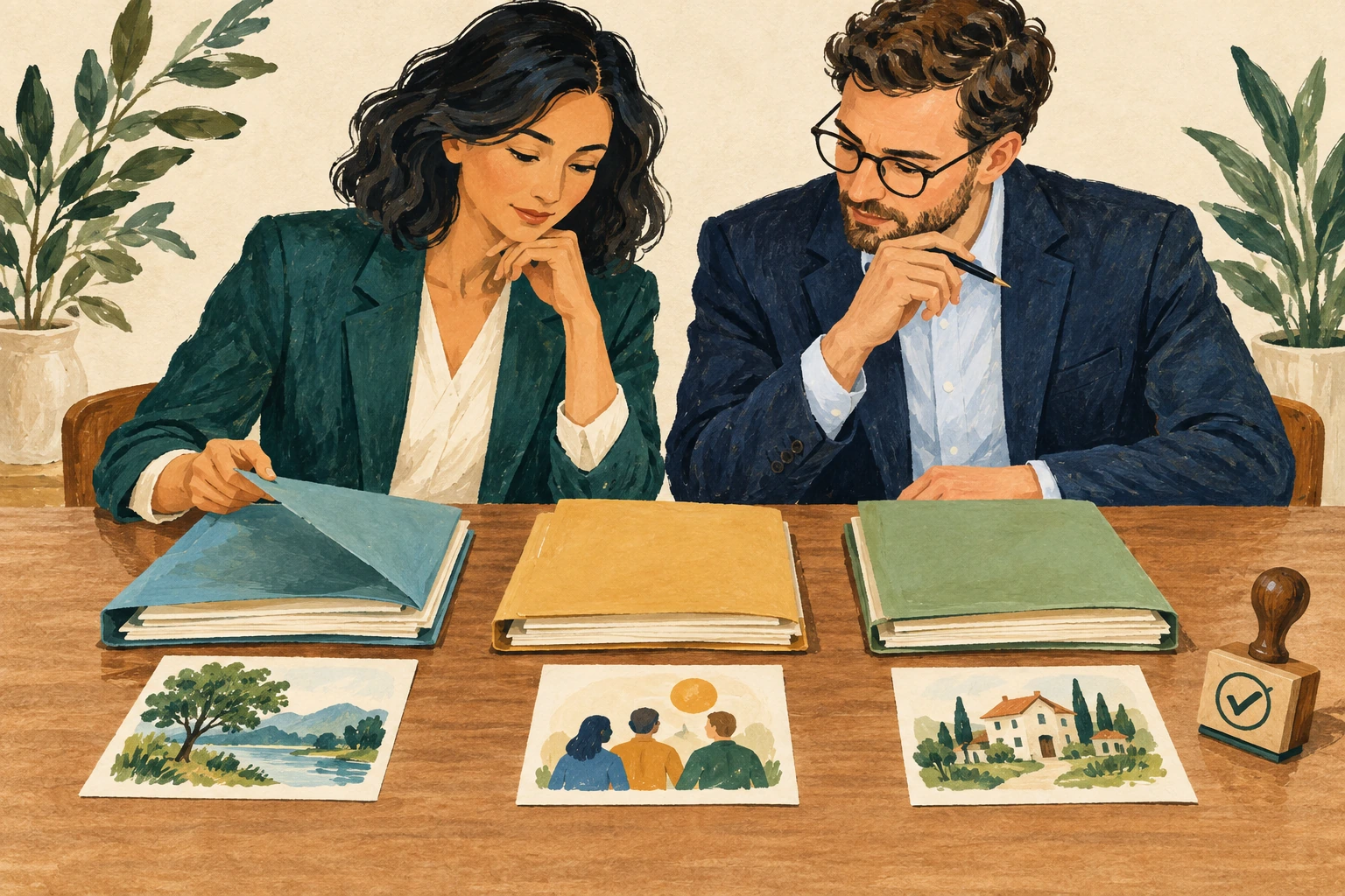 Two colleagues review three folders with illustrated cards and a checkmark stamp