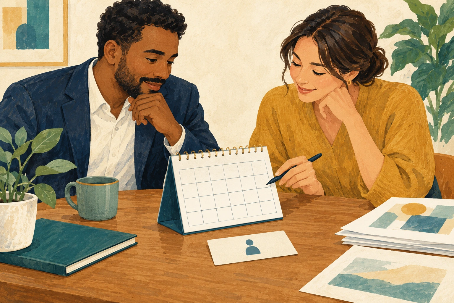 Two colleagues review a calendar beside a card with a person icon and stacked papers
