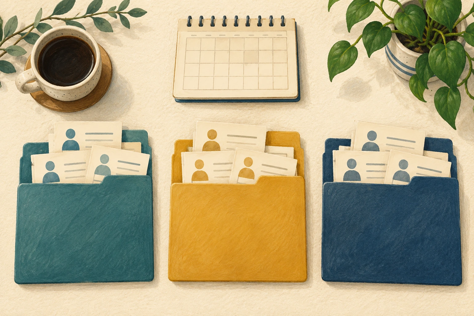 Three folders hold cards with person icons beneath a small calendar